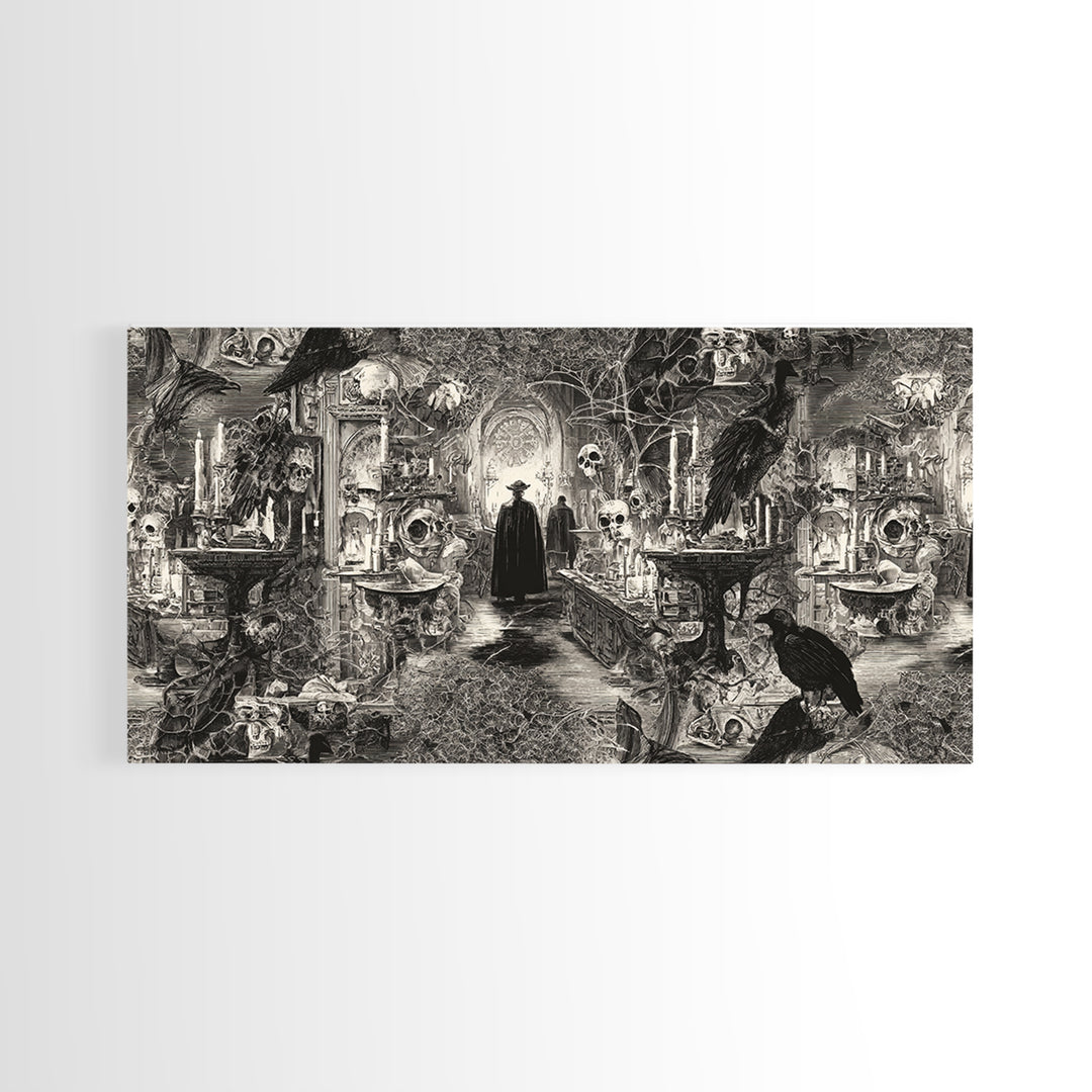 Black Lace And Cobwebs, Grotesque Carnival Art, Wide Panoramic Art, Dark Fantasy Wall Art, Framed Canvas Print, Halloween Wall Art