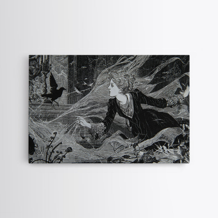 Black Lace And Cobwebs, Stained Glass Gothic Art, Landscape Wall Art, Macabre Wall Art, Framed Canvas Print, Halloween Wall Art