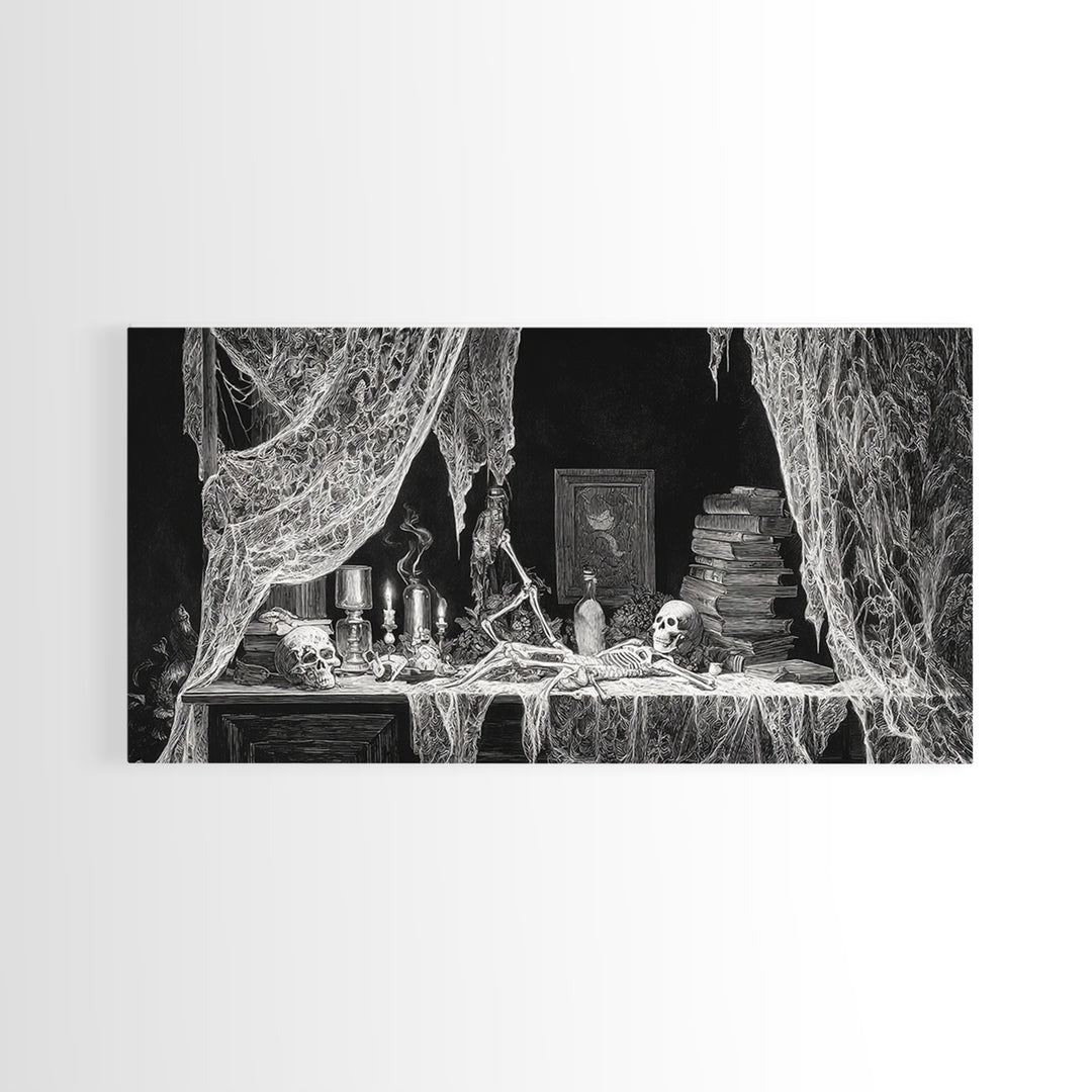 Black Lace And Cobwebs, Macabre Folk Print Art, Wide Panoramic Art, Gothic Horror Wall Art, Canvas Print, Halloween Wall Art
