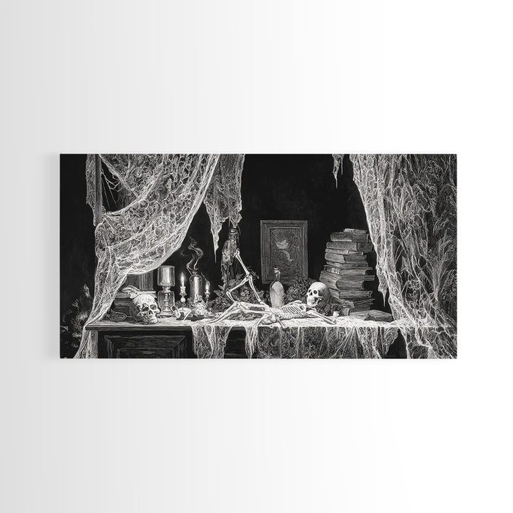 Black Lace And Cobwebs, Macabre Folk Print Art, Wide Panoramic Art, Gothic Horror Wall Art, Canvas Print, Halloween Wall Art