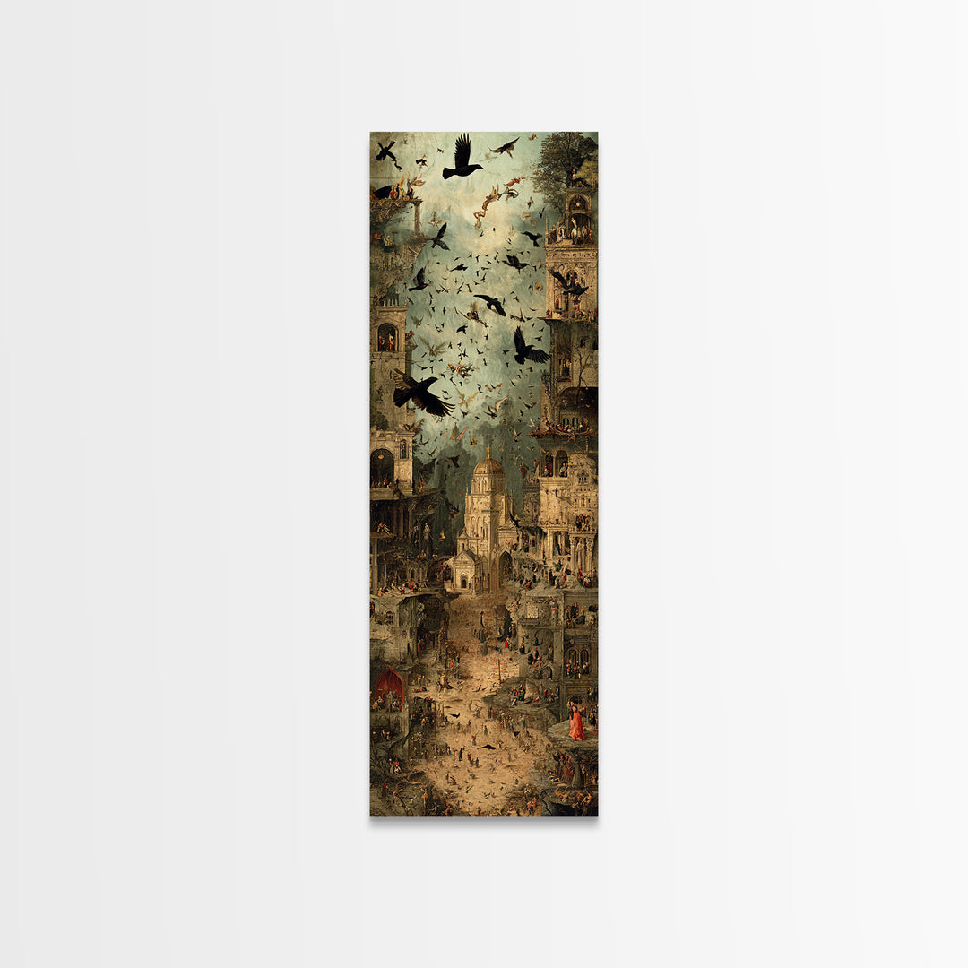 Ravens And Ruins, Medieval Grotesque Art, Tall Narrow Wall Art, Macabre Wall Art, Canvas Print, Halloween Wall Art, Halloween Decor