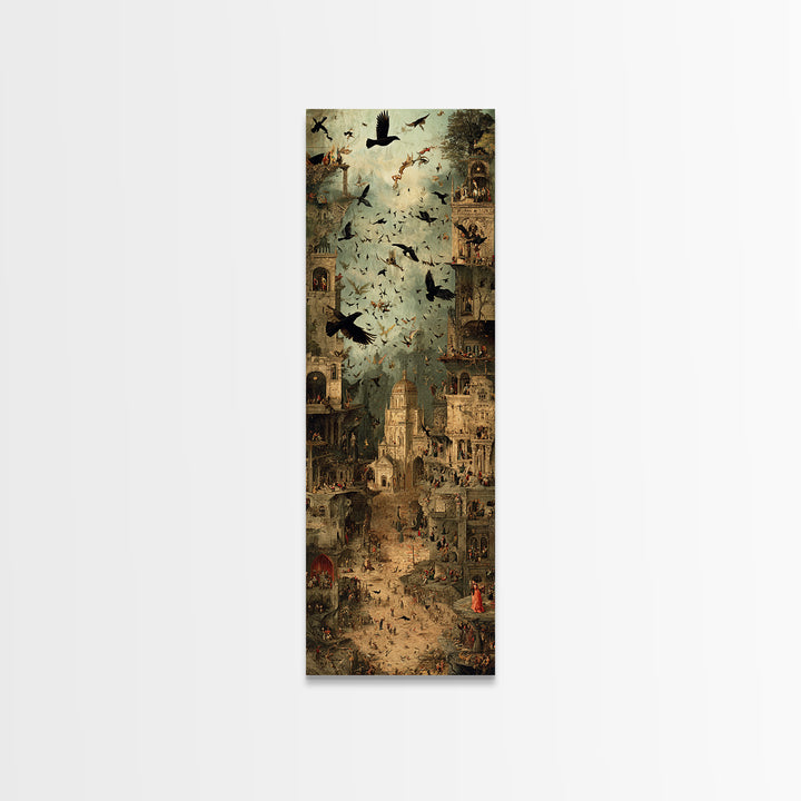 Ravens And Ruins, Medieval Grotesque Art, Tall Narrow Wall Art, Macabre Wall Art, Canvas Print, Halloween Wall Art, Halloween Decor