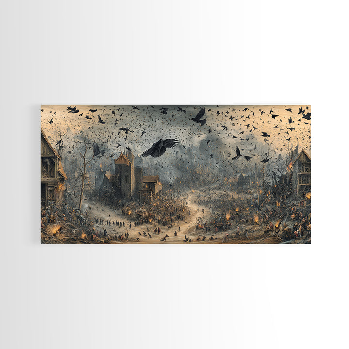 Ravens And Ruins, Northern Renaissance Horror, Wide Panoramic Art, Dark Halloween Decor, Framed Canvas Print, Halloween Wall Art