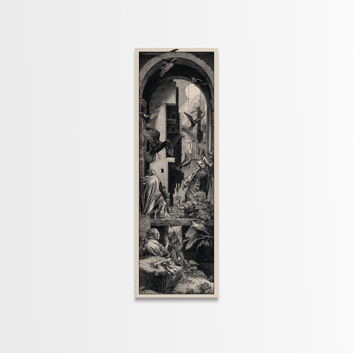 Ravens And Ruins, Renaissance Engraving Art, Tall Narrow Wall Art, Gothic Horror Wall Art, Framed Canvas Print, Halloween Wall Art