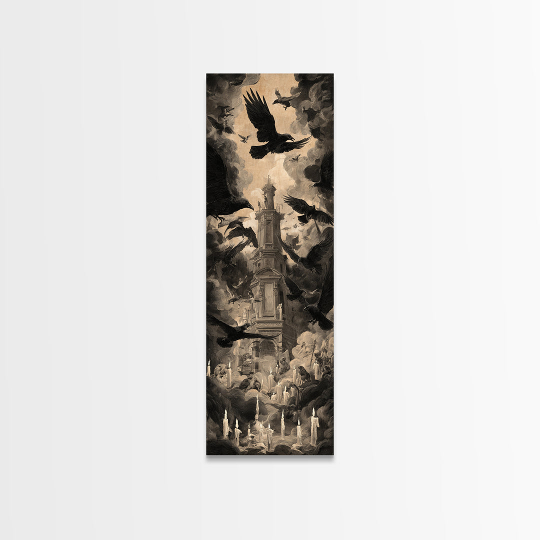 Ravens And Ruins, Gothic Nightmare Art, Tall Narrow Wall Art, Gothic Horror Wall Art, Framed Canvas Print, Halloween Wall Art
