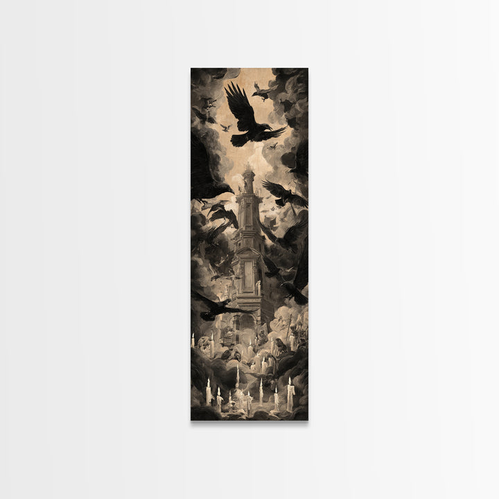 Ravens And Ruins, Gothic Nightmare Art, Tall Narrow Wall Art, Gothic Horror Wall Art, Framed Canvas Print, Halloween Wall Art