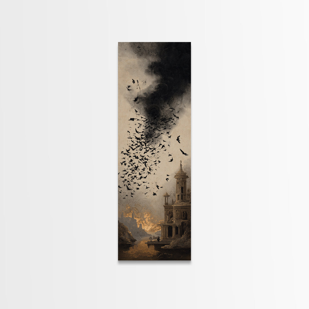 Ravens And Ruins, Apocalyptic Romantic Art, Tall Narrow Wall Art, Gothic Horror Wall Art, Framed Canvas Print, Halloween Wall Art