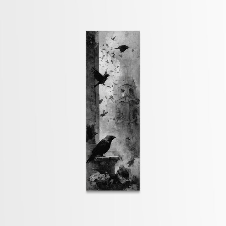 Ravens And Ruins, Symbolist Dream Art, Tall Narrow Wall Art, Dark Fantasy Wall Art, Canvas Print, Halloween Wall Art