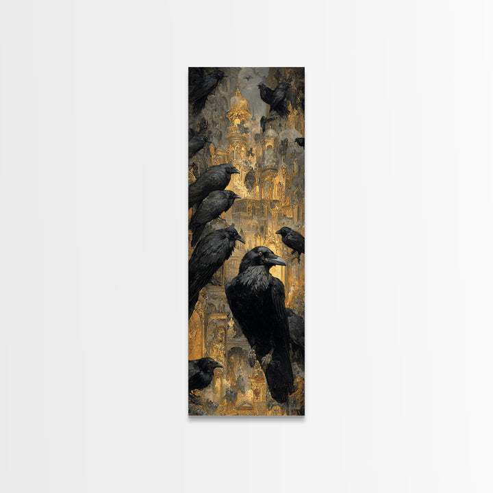 Ravens And Ruins, Ornate Symbolist Art, Tall Narrow Wall Art, Dark Fantasy Wall Art, Framed Canvas Print, Halloween Wall Art