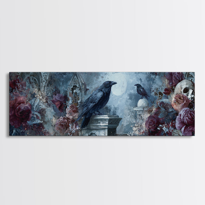 Silent Graveyard with Blue Moon Haze Framed Canvas Print, Dark Art, Print, Living Room Decor, Nocturne, Moody Wall Art, DAR-3x1-10