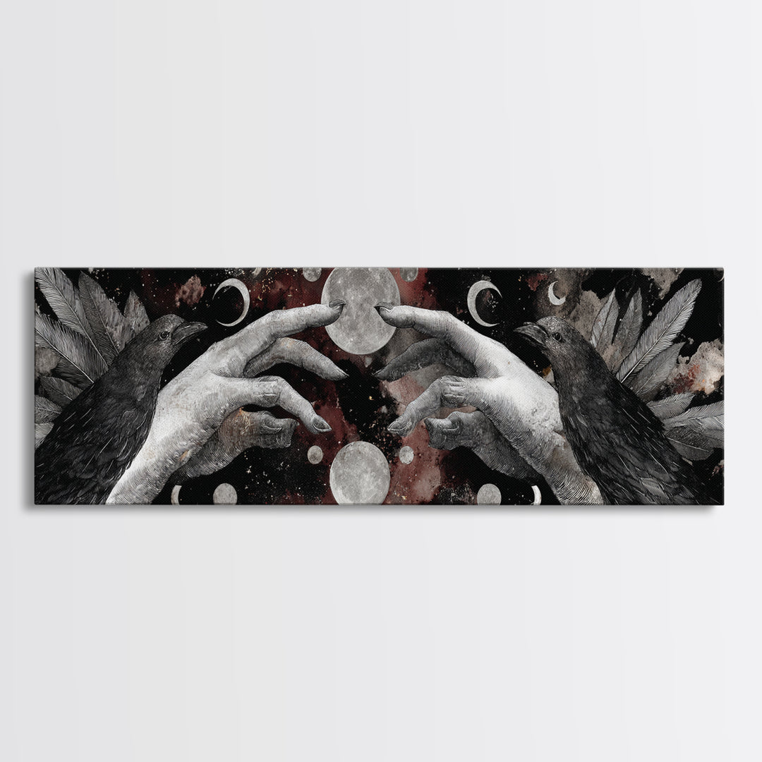 Occult Celestial Hands Framed Canvas Print, Dark Art, Living Room Decor, Fine Art, Nocturne, Luxury Decor, Textured Painting, DAR-3x1-12