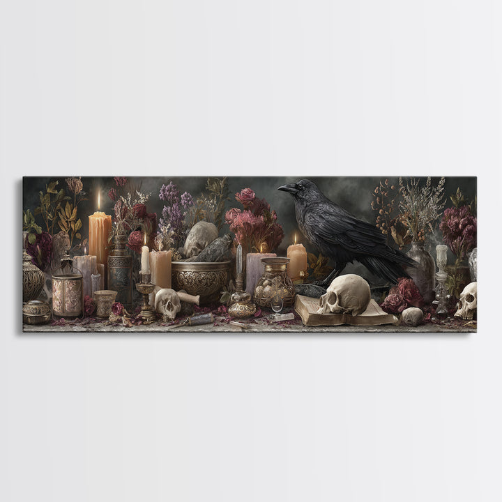 Witchy Still Life of Herbs Candles and Canvas Print, Dark Art, Fantasy Art, Living Room Decor, Fine Art, Nocturne, DAR-3x1-24