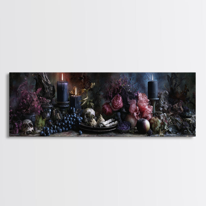 Witchy Still Life of Herbs Candles and Canvas Print, Dark Art, Textured Painting, Living Room Decor, Fine Art, Nocturne, DAR-3x1-48