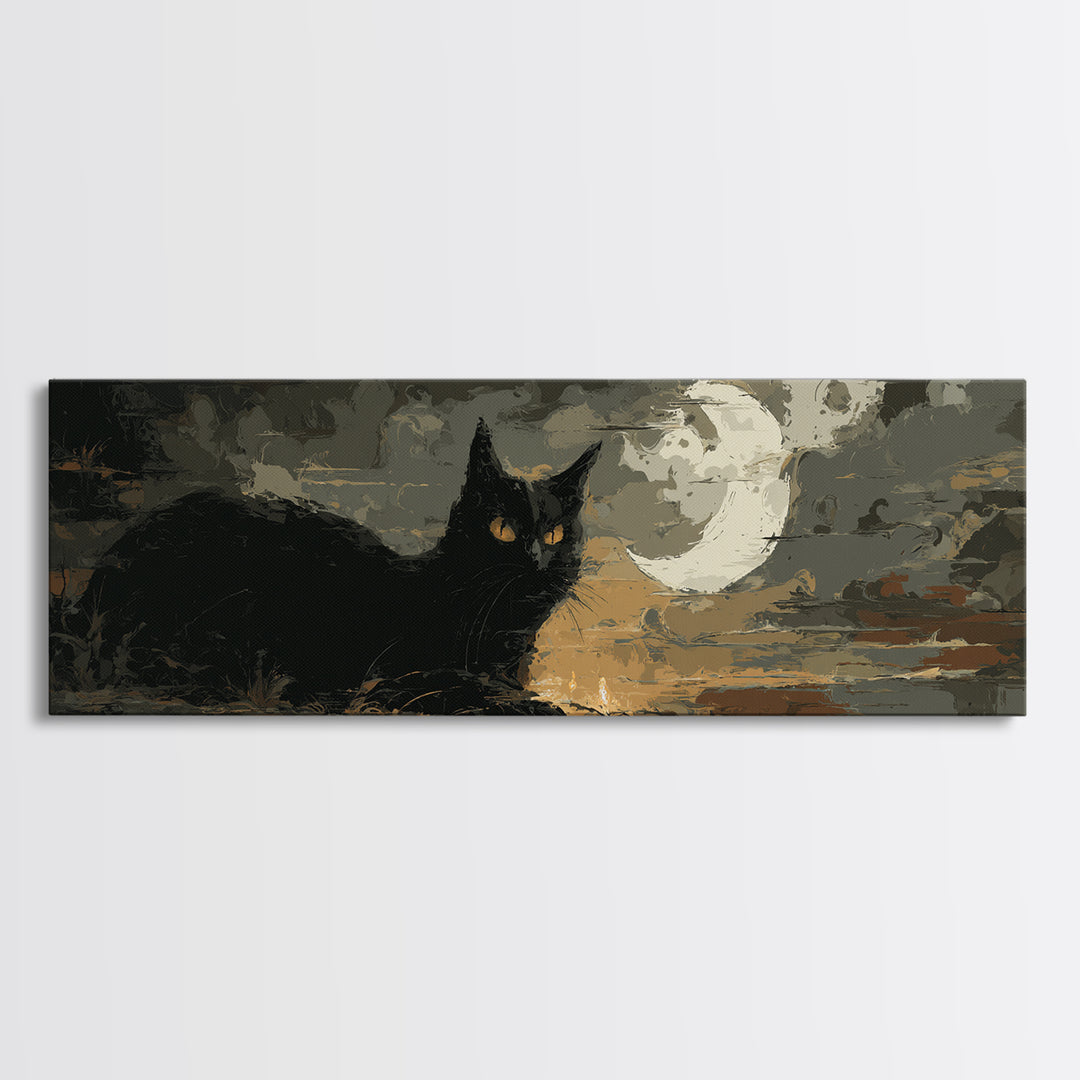 Black Cat with Glowing Eyes under Crescent Canvas Print, Dark Art, Halloween Decoration, Living Room Decor, Abstract Art, DAR-3x1-49