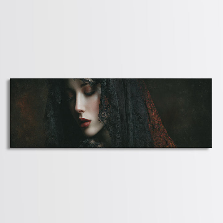 Vampire Inspired Portrait with Pale Dramatic Light Framed Canvas Print, Dark Art, Goth Decor, Living Room Decor, Nocturne, DAR-3x1-5