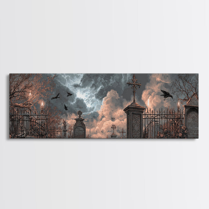 Silent Graveyard with Blue Moon Haze Framed Canvas Print, Dark Art, Gothic Wall Art, Living Room Decor, Fine Art, Nocturne, DAR-3x1-58