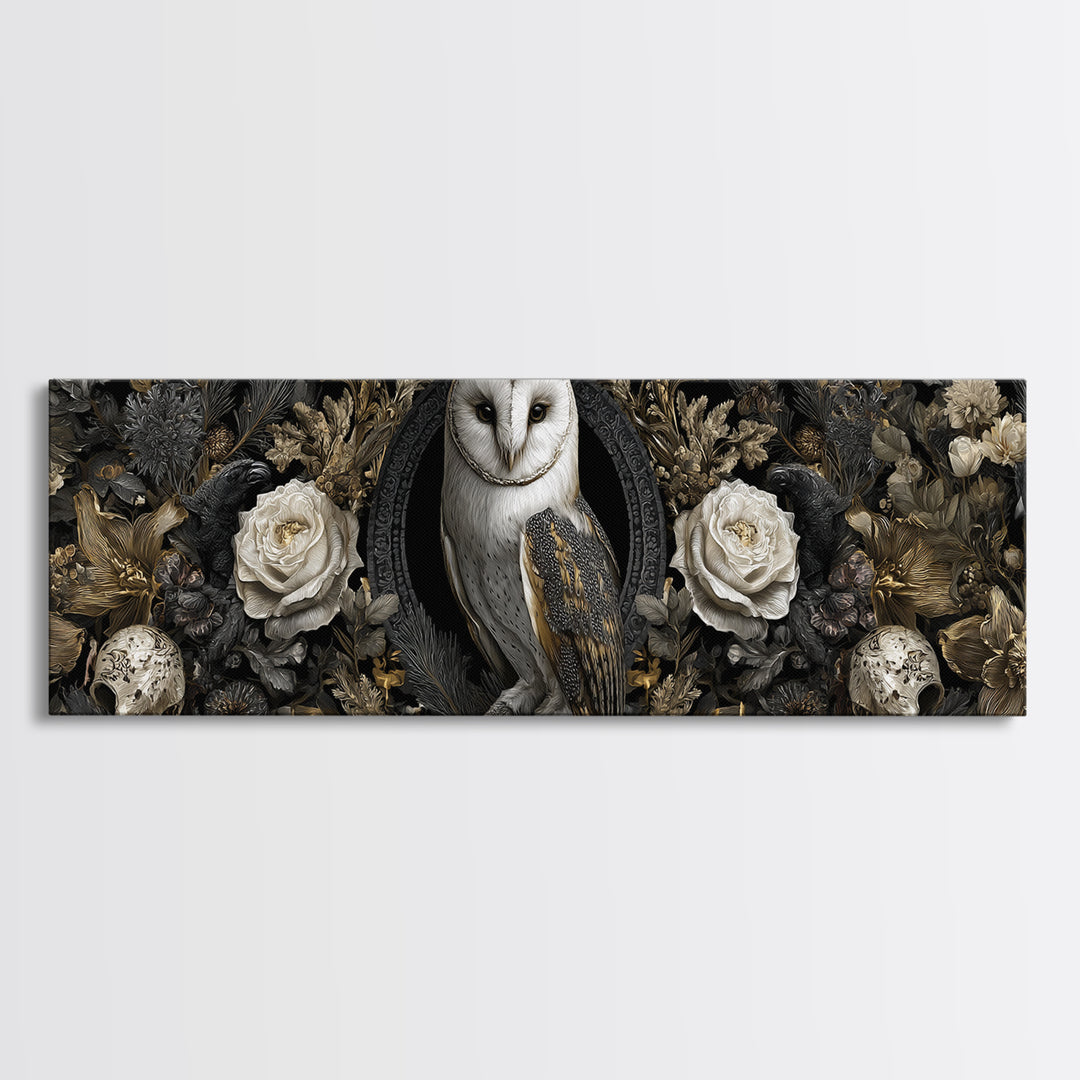 Owl in a Midnight Pine Forest Canvas Print, Dark Art, Boho Decor, Living Room Decor, Fine Art, Nocturne, Painting, Art Print, DAR-3x1-62