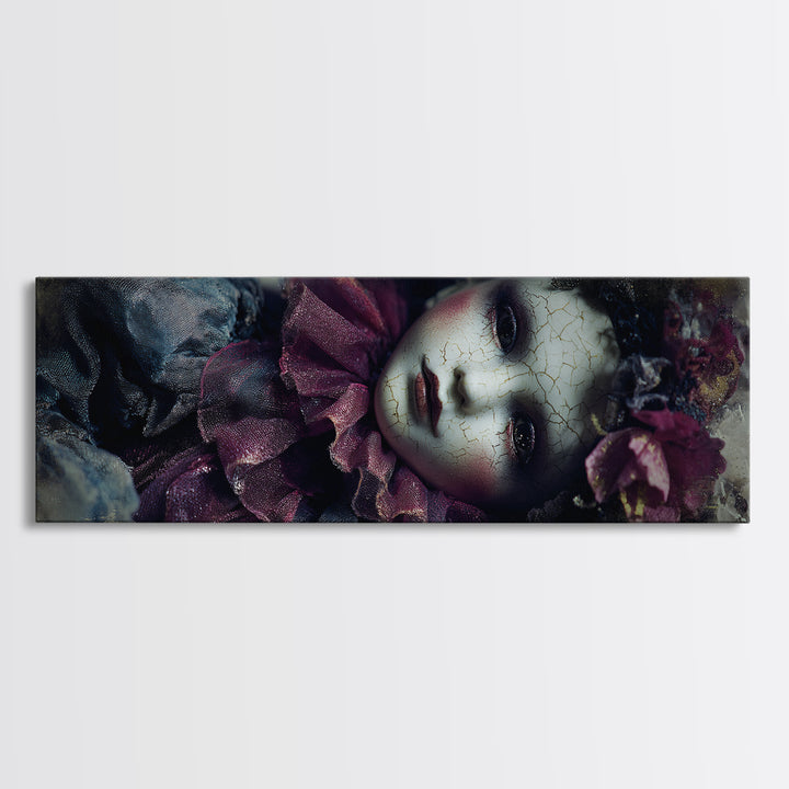 Cracked Porcelain Doll Portrait Framed Canvas Print, Dark Art, Contemporary Art, Living Room Decor, Fine Art, Nocturne, DAR-3x1-63