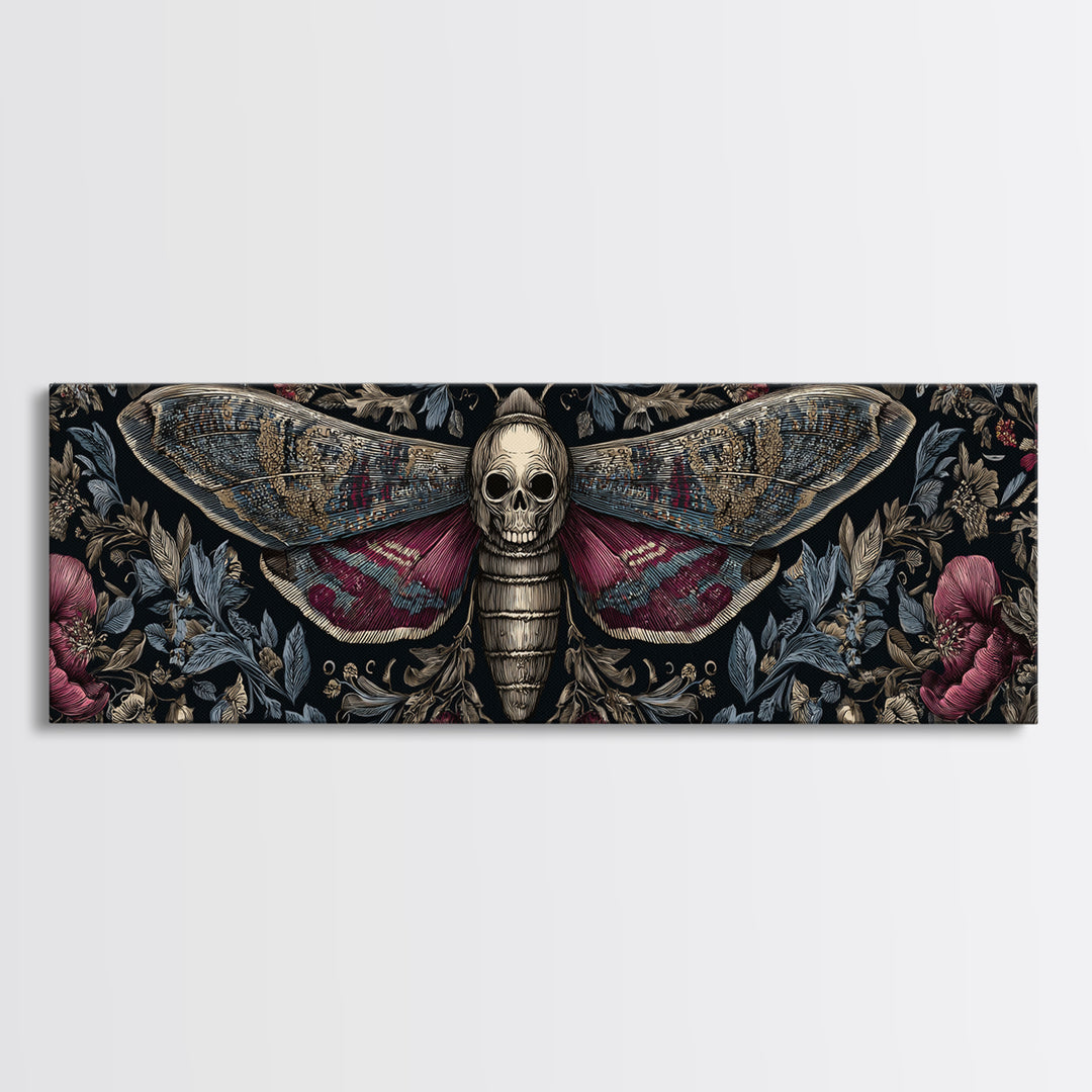 Moth with Skull Pattern on Black Ground Framed Canvas Print, Dark Art, Statement Artwork, Living Room Decor, Fine Art, Nocturne, DAR-3x1-7
