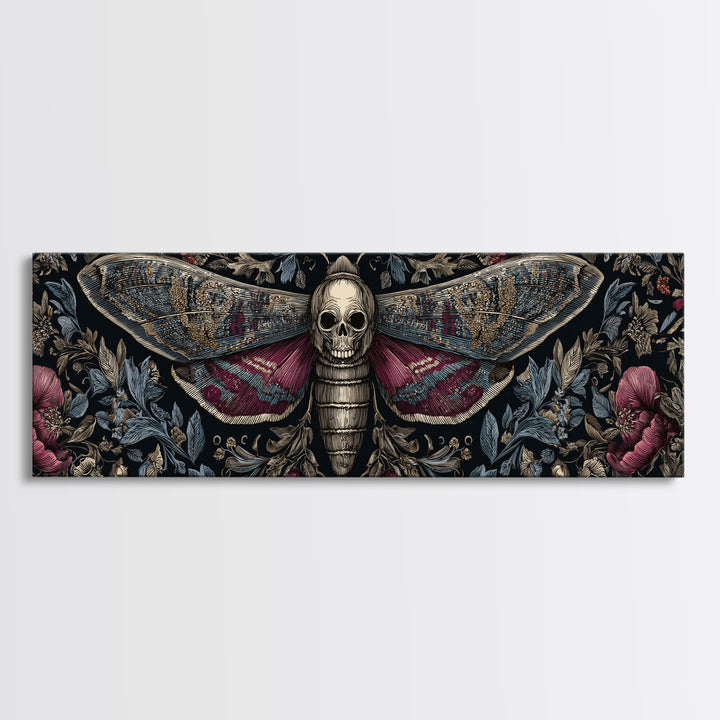 Moth with Skull Pattern on Black Ground Framed Canvas Print, Dark Art, Statement Artwork, Living Room Decor, Fine Art, Nocturne, DAR-3x1-7