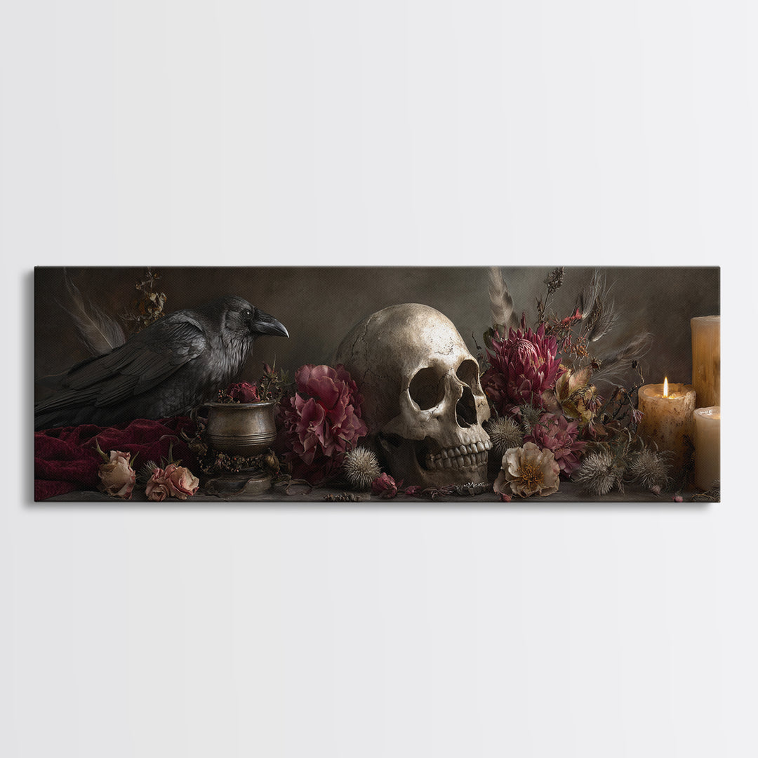 Baroque Skull and Red Velvet Vanitas Framed Canvas Print, Dark Art, Gothic Art, Living Room Decor, Oil Painting, Nocturne, DAR-3x1-74