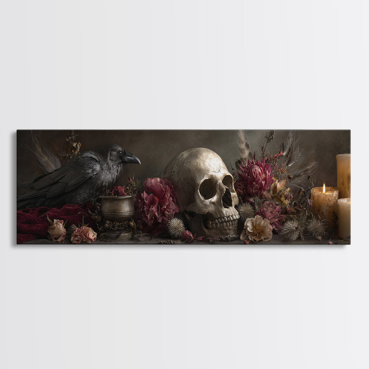 Baroque Skull and Red Velvet Vanitas Framed Canvas Print, Dark Art, Gothic Art, Living Room Decor, Oil Painting, Nocturne, DAR-3x1-74