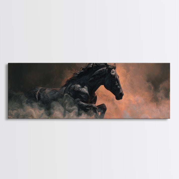 Black Horse Emerging from Smoke Canvas Print, Dark Art, Dark Academia, Living Room Decor, Fine Art, Nocturne, Horror Decor, DAR-3x1-83