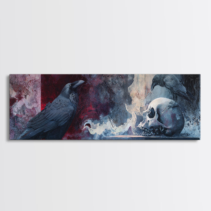 Raven Perched on a Skull Framed Canvas Print, Dark Art, Boho Decor, Living Room Decor, Oil Painting, Nocturne, Art Print, DAR-3x1-89