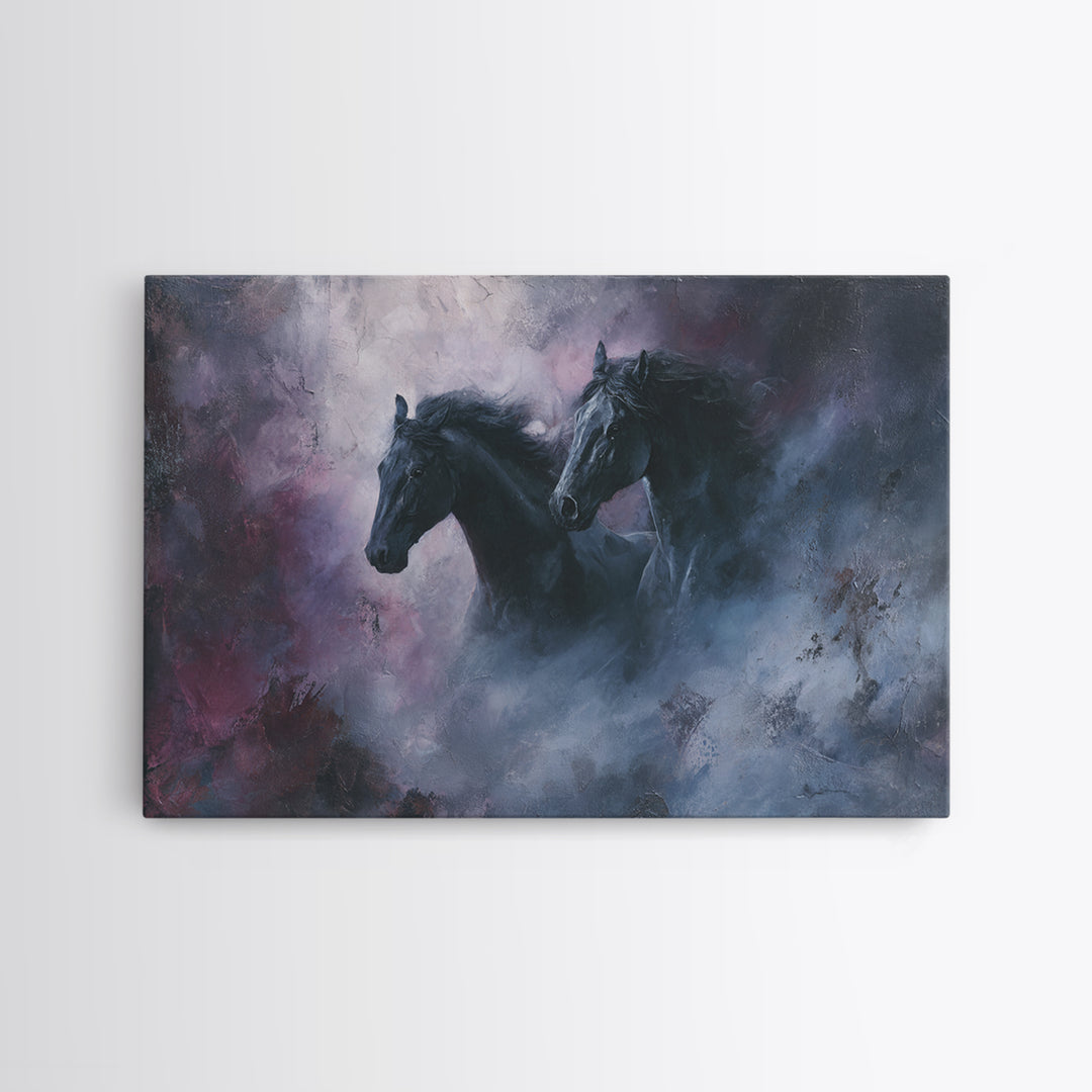 Black Horse Emerging from Smoke Framed Canvas Print, Dark Art, Weird Art, Living Room Decor, Fine Art, Nocturne, DAR-3x2-23