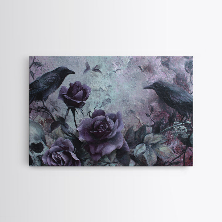Black Roses Blooming from Cracked Stone Canvas Print, Dark Art, Horror Decor, Living Room Decor, Nocturne, Statement Artwork, DAR-3x2-30