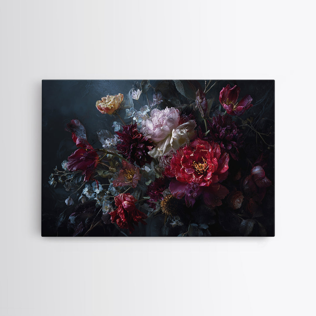 Dark Floral Bouquet Framed Canvas Print, Dark Art, Gallery Decor, Living Room Decor, Fine Art, Nocturne, Wall Art, Home Decor, DAR-3x2-45
