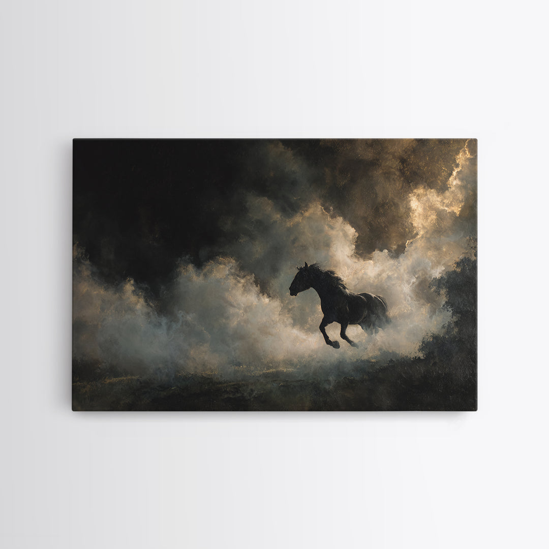 Black Horse Emerging from Smoke Framed Canvas Print, Dark Art, Living Room Decor, Oil Painting, Nocturne, Halloween Art, DAR-3x2-47