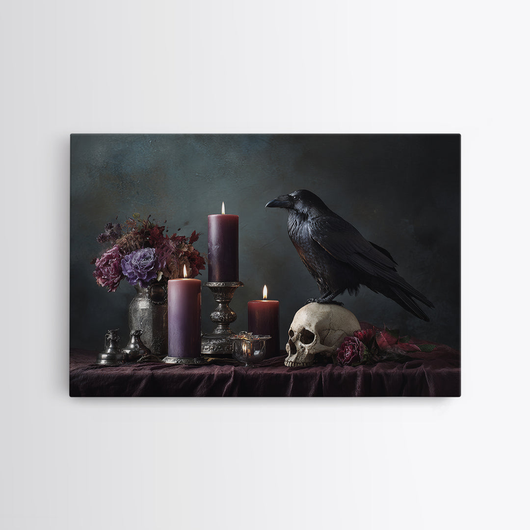 Raven Perched on a Skull Framed Canvas Print, Dark Art, Weird Art, Living Room Decor, Fine Art, Nocturne, Textured Painting, DAR-3x2-5