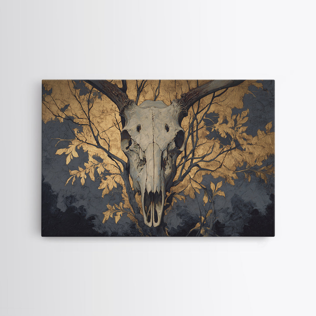 Shadowy Deer Skull Framed Canvas Print, Dark Art, Horror Decor, Living Room Decor, Oil Painting, Nocturne, Statement Artwork, DAR-3x2-63