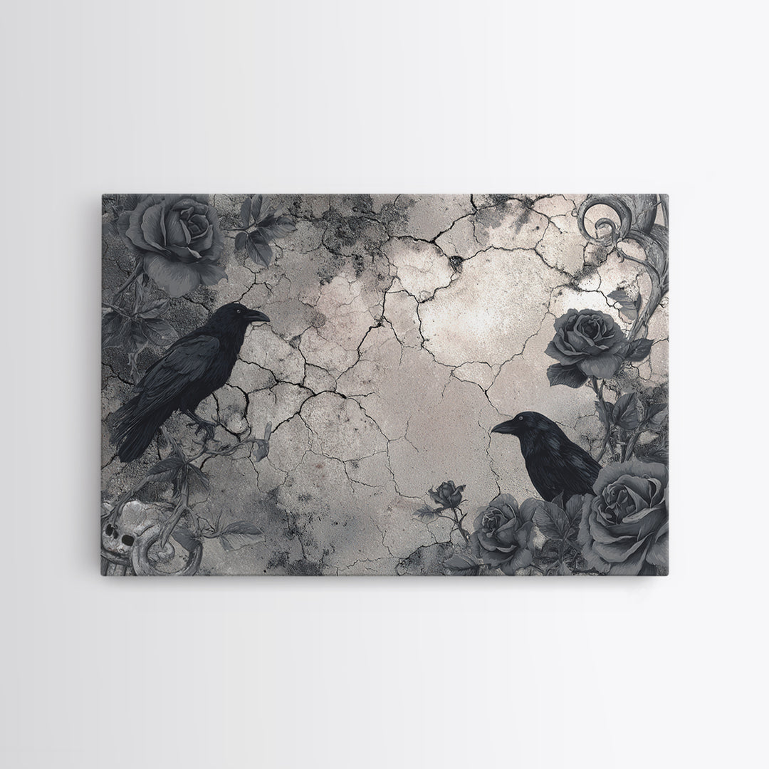 Black Roses Blooming from Cracked Stone Framed Canvas Print, Dark Art, Fantasy Art, Living Room Decor, Fine Art, Nocturne, DAR-3x2-78