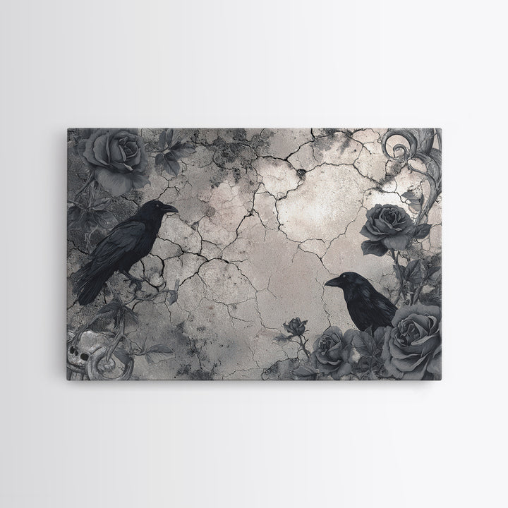 Black Roses Blooming from Cracked Stone Framed Canvas Print, Dark Art, Fantasy Art, Living Room Decor, Fine Art, Nocturne, DAR-3x2-78