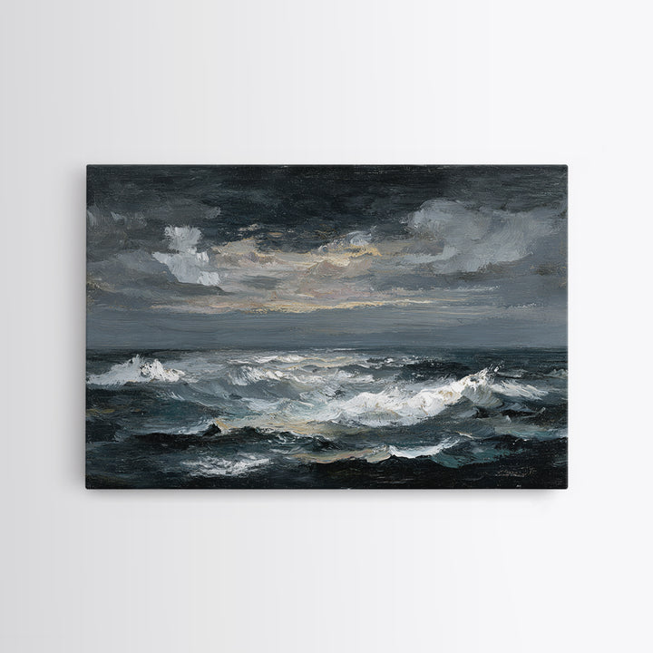 Stormy Sea under a Nearly Black Sky Framed Canvas Print, Dark Art, Fine Art Print, Living Room Decor, Fine Art, Nocturne, DAR-3x2-81