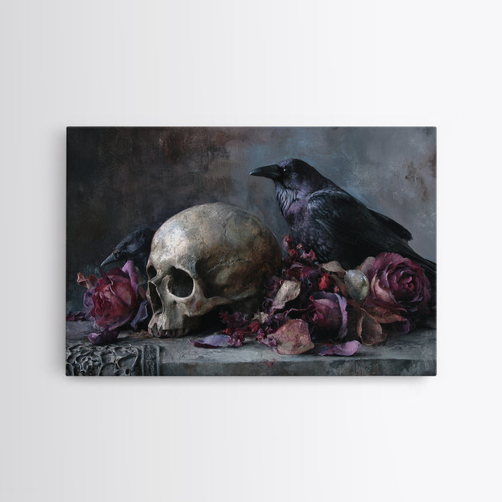 Baroque Skull and Red Velvet Vanitas Framed Canvas Print, Dark Art, Man Cave Decor, Living Room Decor, Fine Art, Nocturne, DAR-3x2-86
