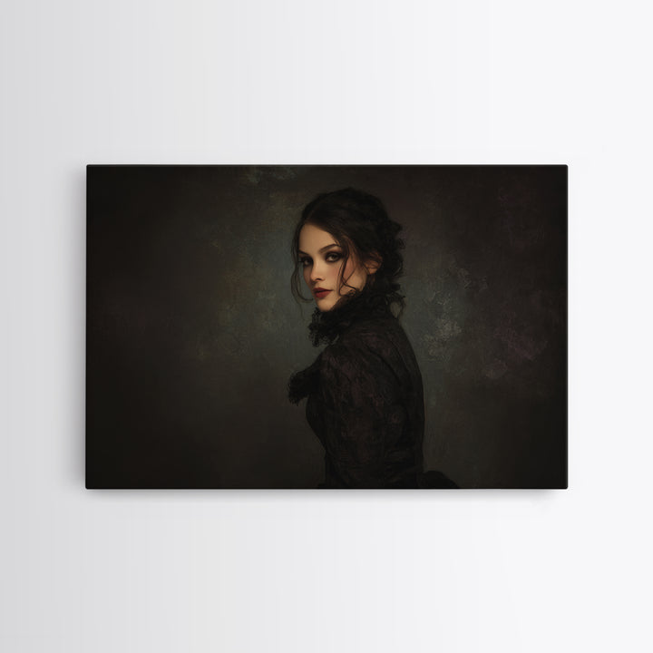Vampire Inspired Portrait with Pale Dramatic Light Canvas Print, Dark Art, Boho Decor, Living Room Decor, Fine Art, Nocturne, DAR-3x2-89