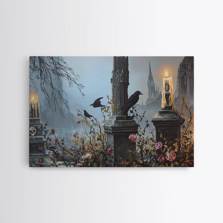 Silent Graveyard with Blue Moon Haze Canvas Print, Dark Art, Halloween Decoration, Living Room Decor, Abstract Art, Nocturne, DAR-3x2-94