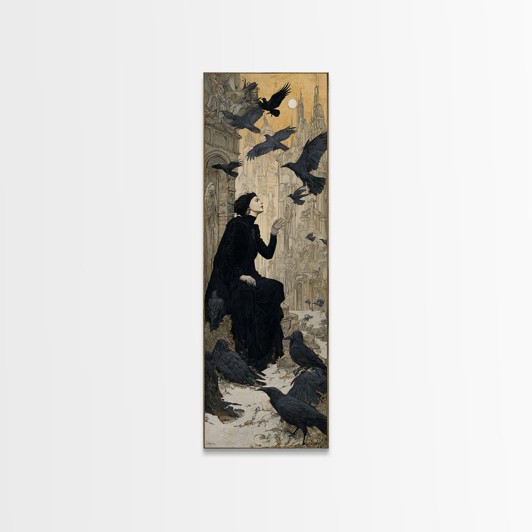 Ravens And Ruins, Symbolist Death Art, Tall Narrow Wall Art, Dark Halloween Decor, Canvas Print, Halloween Wall Art
