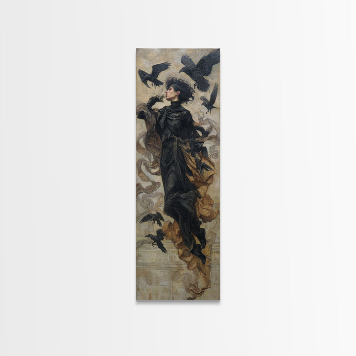 Ravens And Ruins, Dark Symbolist Art, Tall Narrow Wall Art, Dark Fantasy Wall Art, Framed Canvas Print, Halloween Wall Art