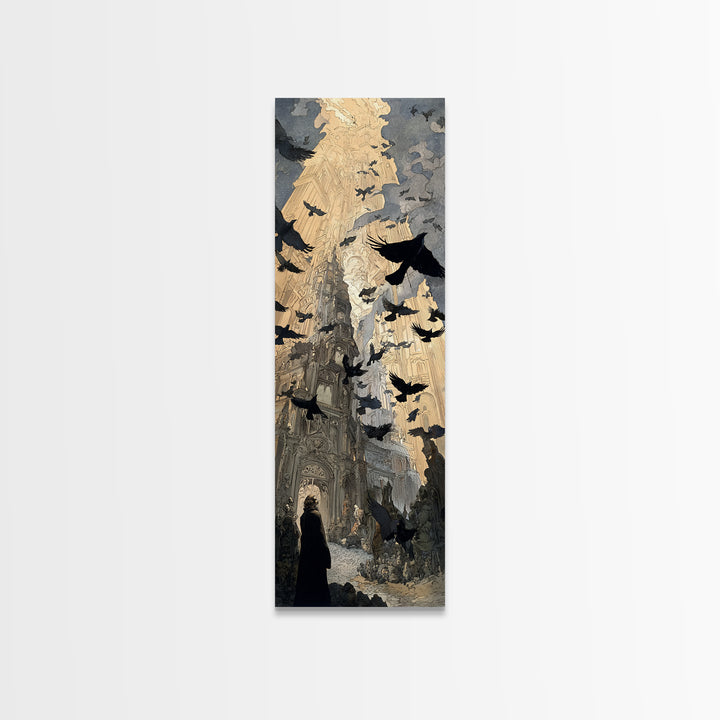 Ravens And Ruins, Symbolist Etching Art, Tall Narrow Wall Art, Gothic Horror Wall Art, Framed Canvas Print, Halloween Wall Art