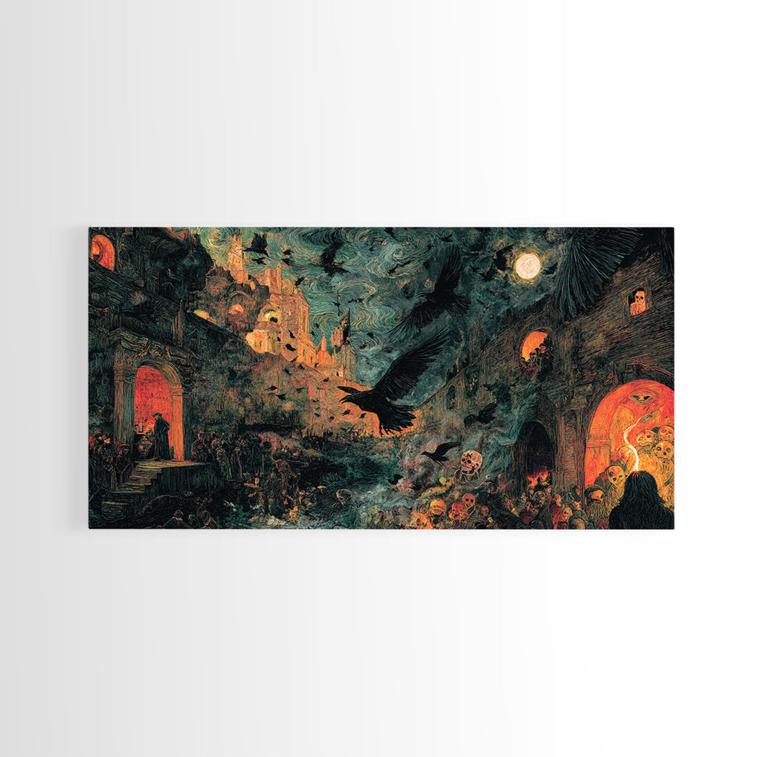 Ravens And Ruins, Grotesque Carnival Art, Wide Panoramic Art, Gothic Horror Wall Art, Framed Canvas Print, Halloween Wall Art