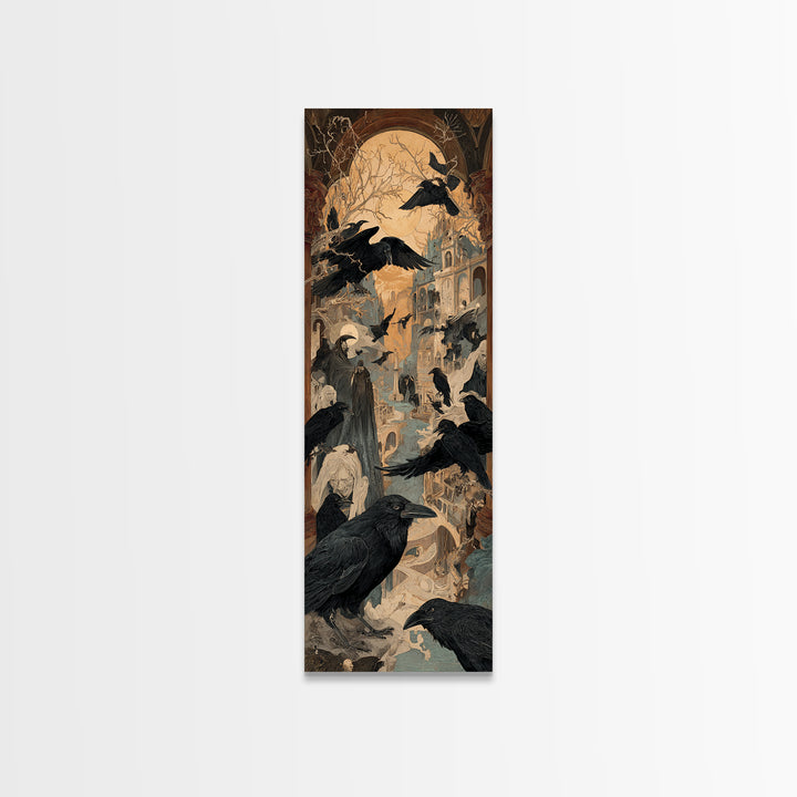 Ravens And Ruins, Expressionist Gothic Art, Tall Narrow Wall Art, Dark Halloween Decor, Framed Canvas Print, Halloween Wall Art