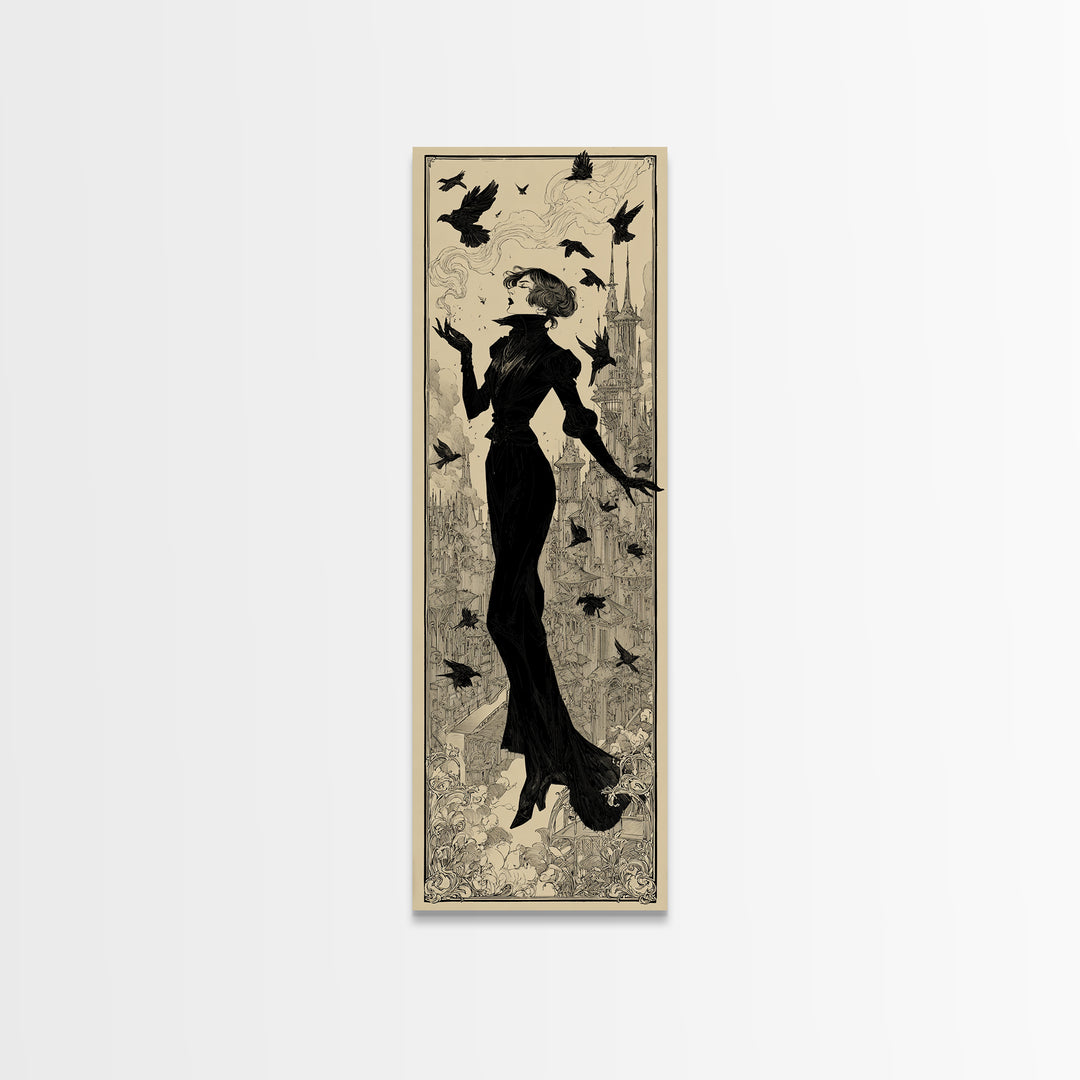 Ravens And Ruins, Decadent Line Art, Tall Narrow Wall Art, Dark Fantasy Wall Art, Framed Canvas Print, Halloween Wall Art
