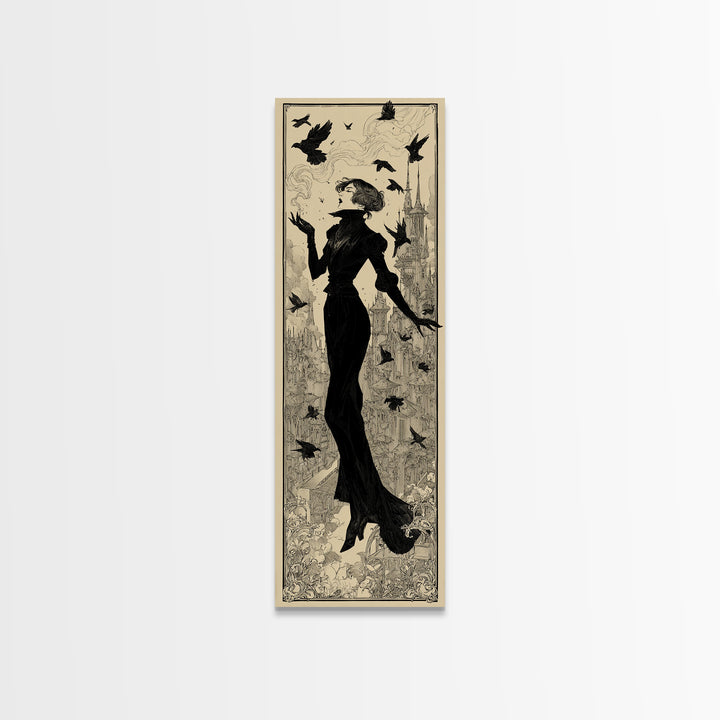 Ravens And Ruins, Decadent Line Art, Tall Narrow Wall Art, Dark Fantasy Wall Art, Framed Canvas Print, Halloween Wall Art