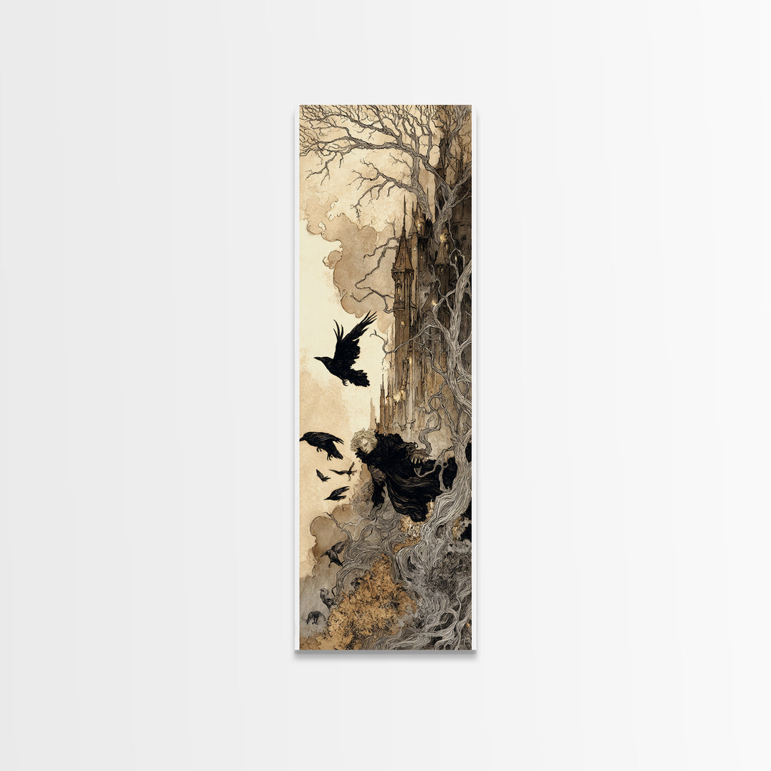 Ravens And Ruins, Gothic Storybook Art, Tall Narrow Wall Art, Gothic Horror Wall Art, Canvas Print, Halloween Wall Art