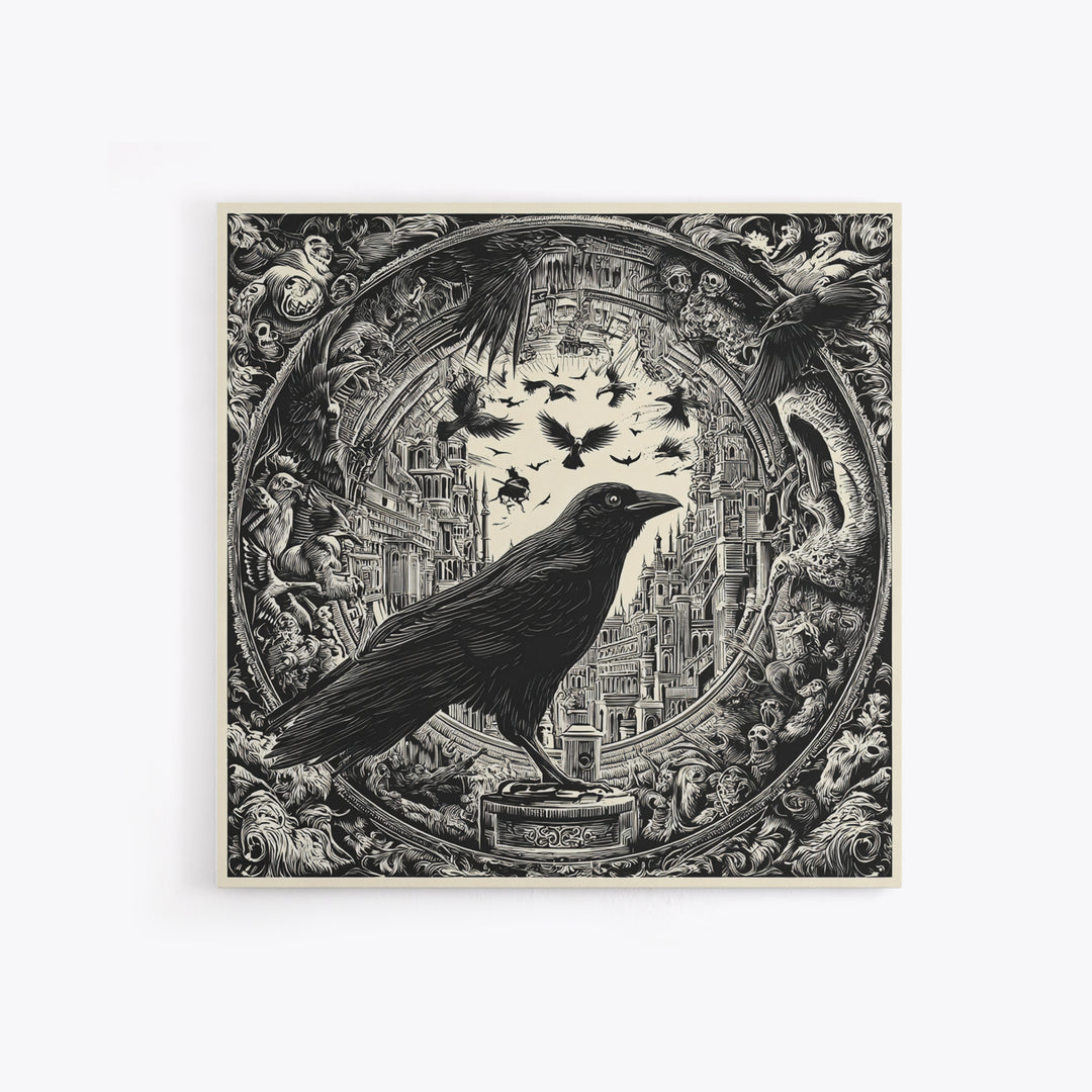 Ravens And Ruins, Macabre Folk Print Art, Square Wall Art, Dark Fantasy Wall Art, Canvas Print, Halloween Wall Art