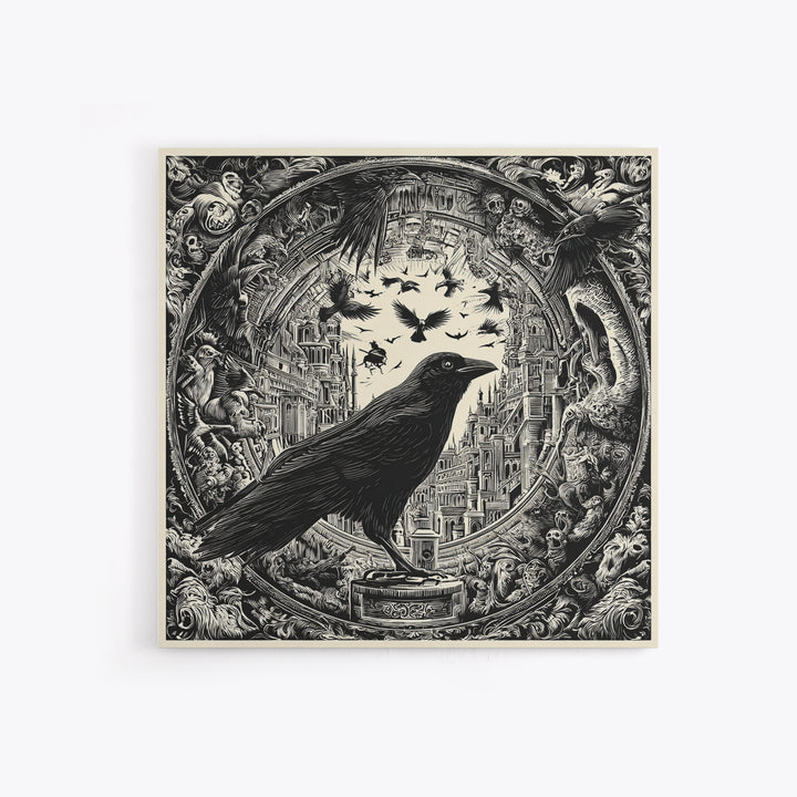 Ravens And Ruins, Macabre Folk Print Art, Square Wall Art, Dark Fantasy Wall Art, Canvas Print, Halloween Wall Art
